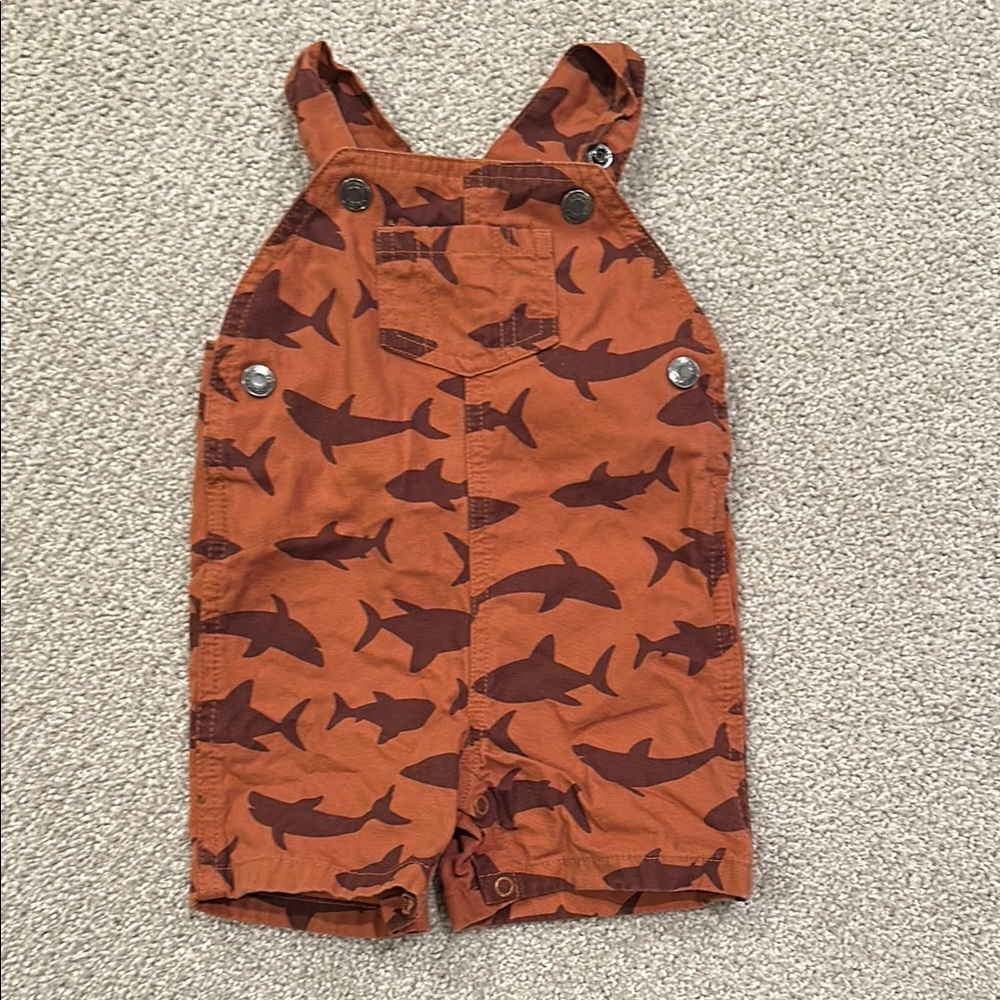 Carter's Orange and Brown Shark Print Overalls 3-6 months